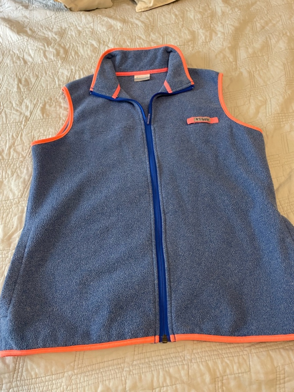 Columbia Blue Fleece Vest with neon Coral Trim